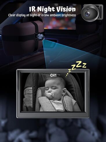 كاميرا سيارة للأطفال مزدوجة القناة، شاشة 5 بوصات عالية الدقة 1080 بكسل وكاميرتين، شاشة عرض مقسمة، رؤية ليلية وعرض واسع 150 درجة كاميرا مرآة سيارة للأطفال للمقعد الخلفي المواجه للمقعد الخلفي، التوصيل والتشغيل، دوران 360 درجة in Kuwait