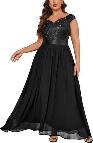 Miusol Women's Plus Size Elegant Lace Contrast Sequin V-Neck Floral Formal Evening Maxi Dress in Saudi Arabia