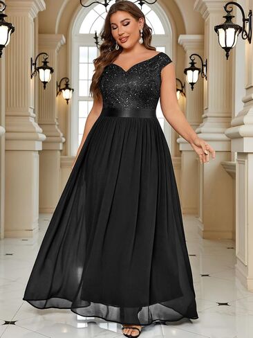 Miusol Women's Plus Size Elegant Lace Contrast Sequin V-Neck Floral Formal Evening Maxi Dress in Saudi Arabia