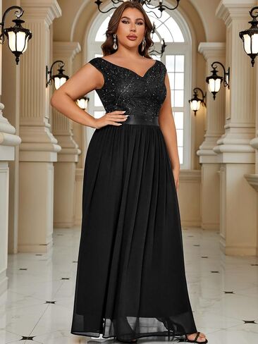 Miusol Women's Plus Size Elegant Lace Contrast Sequin V-Neck Floral Formal Evening Maxi Dress in Saudi Arabia