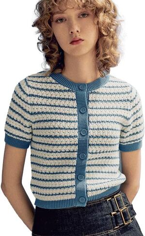 Womens Short Sleeve Striped Sweaters Tops Crew Neck Pullover Shirt Lightweight Knit Cardigans Blouse in Saudi Arabia
