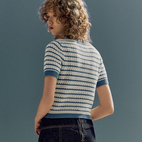 Womens Short Sleeve Striped Sweaters Tops Crew Neck Pullover Shirt Lightweight Knit Cardigans Blouse in Saudi Arabia