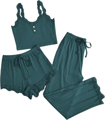 Milumia Women's 3 Piece Pajama Sets Lace Ribbed Cami Top and Shorts & Pants Pj Sets Sleepwear in Saudi Arabia