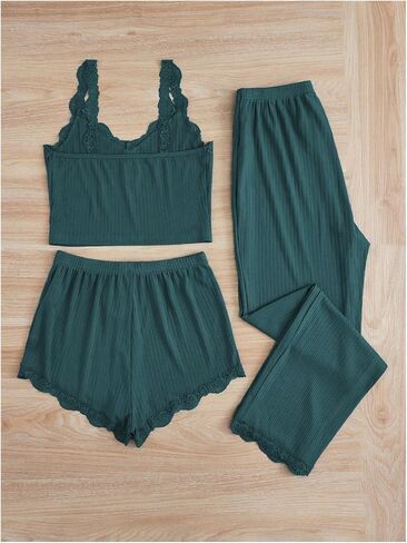 Milumia Women's 3 Piece Pajama Sets Lace Ribbed Cami Top and Shorts & Pants Pj Sets Sleepwear in Saudi Arabia