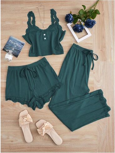 Milumia Women's 3 Piece Pajama Sets Lace Ribbed Cami Top and Shorts & Pants Pj Sets Sleepwear in Saudi Arabia