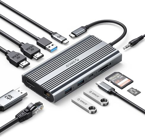Docking Station USB C to Dual HDMI Adapter, ORICO 12 in 1 USB C Hub with Dual HDMI, VGA, 100W PD, Ethernet, 2 USB-A 3.1, 1 USB 2.0, 1 Type-C 3.1, SD/TF, Audio, Compatible for Windows/Mac OS（Grey） in Saudi Arabia