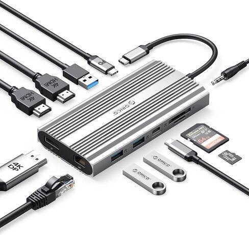 Docking Station USB C to Dual HDMI Adapter, ORICO 12 in 1 USB C Hub with Dual HDMI, VGA, 100W PD, Ethernet, 2 USB-A 3.1, 1 USB 2.0, 1 Type-C 3.1, SD/TF, Audio, Compatible for Windows/Mac OS（Grey） in Saudi Arabia