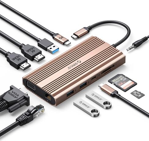 Docking Station USB C to Dual HDMI Adapter, ORICO 12 in 1 USB C Hub with Dual HDMI, VGA, 100W PD, Ethernet, 2 USB-A 3.1, 1 USB 2.0, 1 Type-C 3.1, SD/TF, Audio, Compatible for Windows/Mac OS（Grey） in Saudi Arabia