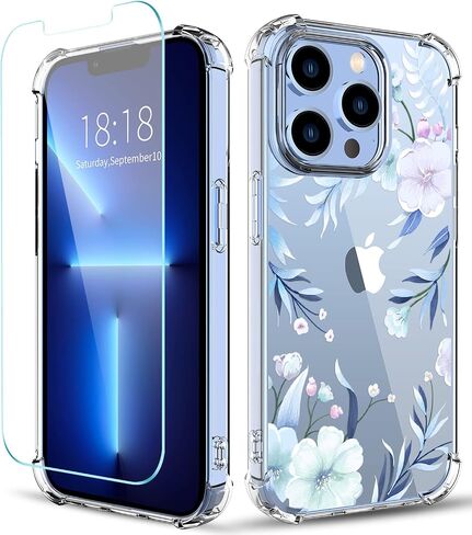 Flower Designed for iPhone 13 Pro Case[with Screen Protector], Floral Clear Women Phone Case Shockproof Protective Soft TPU Bumper Cover 6.1 Inch 2021 (Lavender/Purple) in Saudi Arabia