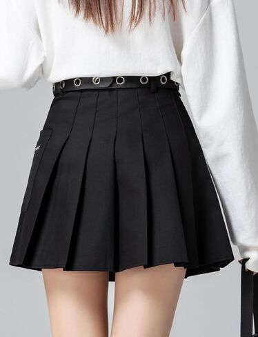 Women's Gothic Skirt - Basic Pleated Plaid Skirt, Black Mini Knee-Length Skirt with Shorts in Saudi Arabia