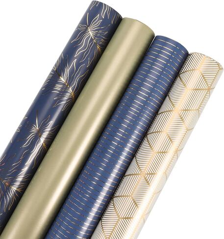 حزمة ورق تغليف عيد الأب من LaRibbons، 4 لفات من ورق تغليف الهدايا للتخرج، وعيد الميلاد، وأعياد الميلاد، وتغليف الهدايا اليومية، رقائق ذهبية وكحلية، 76.2 سم × 25.4 سم لكل لفة in Kuwait