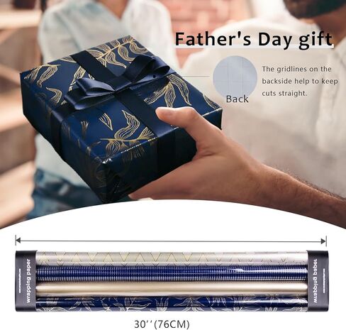 حزمة ورق تغليف عيد الأب من LaRibbons، 4 لفات من ورق تغليف الهدايا للتخرج، وعيد الميلاد، وأعياد الميلاد، وتغليف الهدايا اليومية، رقائق ذهبية وكحلية، 76.2 سم × 25.4 سم لكل لفة in Kuwait