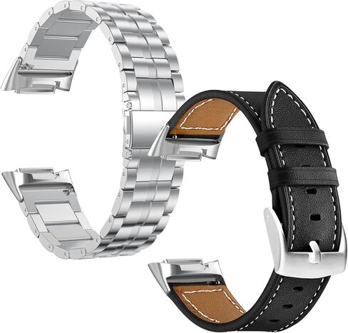متوافق مع Fitbit Charge 5 Bands Metal+Leather للنساء والرجال النحيف، حزام صلب من الفولاذ المقاوم للصدأ بديل لـ Charge 5 متتبع اللياقة البدنية والصحة المتقدم - عبوتان in Kuwait