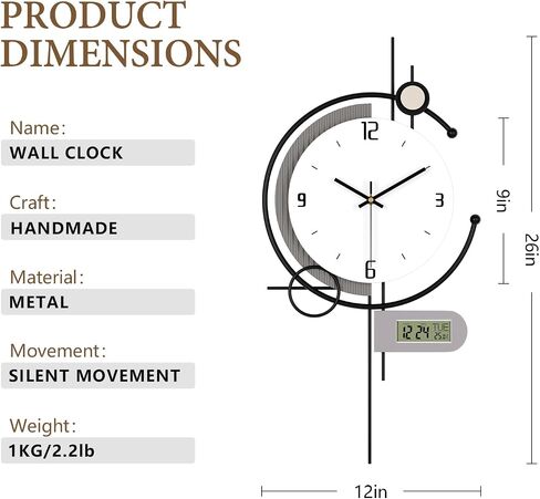 Modern Wall Clock for Living Room,Large Decorative Wall Clock with Day of Week and Temperature,Silent Clock Battery Operated for Kitchen/Entryway/Bedroom/Office/Dinning Room Metal Wall Decor in Saudi Arabia