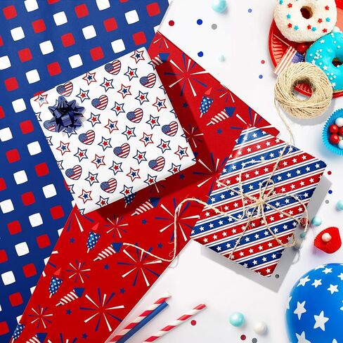 DodelyGz 12 ورقة من ورق تغليف الهدايا الوطنية في الرابع من يوليو، 4 تصميمات ورق تغليف بنمط وطني لتعبئة هدايا عيد الاستقلال DIY لصالح حفلة عيد الميلاد، 20 × 27 بوصة in Kuwait
