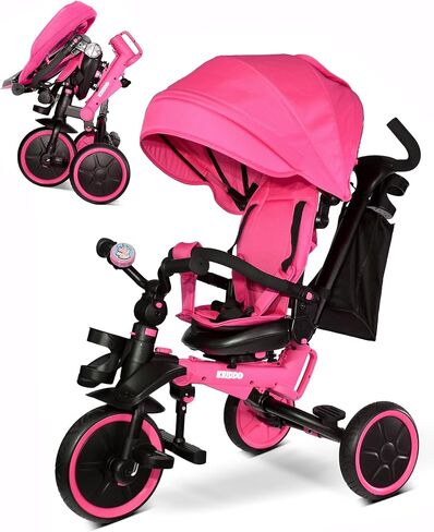 KRIDDO 8-in-1 Foldable Tricycle Stroller for Toddlers 18 Months to 5 Years, 5-Point Seatbelt, 1-Step Brake Pedal, Extended Canopy, Triple Footrest, Safety Rearview Window, Detachable Guardrail, Grey in Saudi Arabia