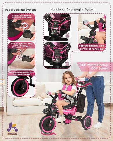 KRIDDO 8-in-1 Foldable Tricycle Stroller for Toddlers 18 Months to 5 Years, 5-Point Seatbelt, 1-Step Brake Pedal, Extended Canopy, Triple Footrest, Safety Rearview Window, Detachable Guardrail, Grey in Saudi Arabia