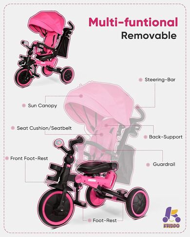 KRIDDO 8-in-1 Foldable Tricycle Stroller for Toddlers 18 Months to 5 Years, 5-Point Seatbelt, 1-Step Brake Pedal, Extended Canopy, Triple Footrest, Safety Rearview Window, Detachable Guardrail, Grey in Saudi Arabia