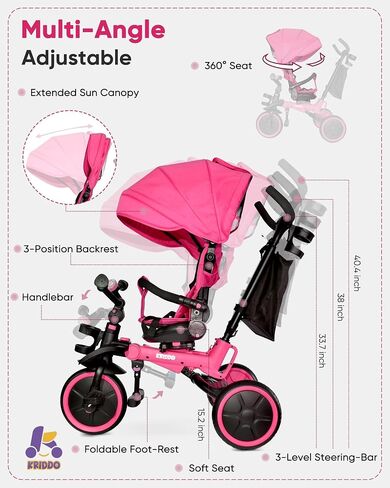 KRIDDO 8-in-1 Foldable Tricycle Stroller for Toddlers 18 Months to 5 Years, 5-Point Seatbelt, 1-Step Brake Pedal, Extended Canopy, Triple Footrest, Safety Rearview Window, Detachable Guardrail, Grey in Saudi Arabia