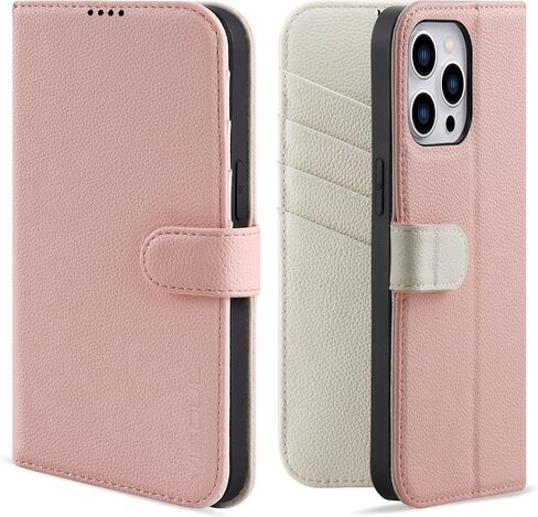 حافظة جلدية VISOUL iPhone 15 Pro Max، حافظة محفظة جلدية أصلية مرصوفة بالحصى مع حامل بطاقة، حافظة قابلة للطي بمسند وغطاء هاتف مغناطيسي مصمم لهاتف iPhone 15 Pro Max 6.7 بوصة (وردي + Lvory) in Kuwait