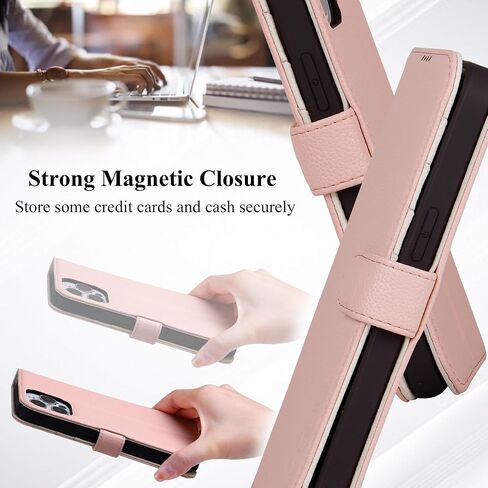 حافظة جلدية VISOUL iPhone 15 Pro Max، حافظة محفظة جلدية أصلية مرصوفة بالحصى مع حامل بطاقة، حافظة قابلة للطي بمسند وغطاء هاتف مغناطيسي مصمم لهاتف iPhone 15 Pro Max 6.7 بوصة (وردي + Lvory) in Kuwait