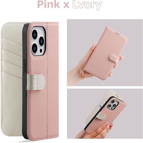 حافظة جلدية VISOUL iPhone 15 Pro Max، حافظة محفظة جلدية أصلية مرصوفة بالحصى مع حامل بطاقة، حافظة قابلة للطي بمسند وغطاء هاتف مغناطيسي مصمم لهاتف iPhone 15 Pro Max 6.7 بوصة (وردي + Lvory) in Kuwait