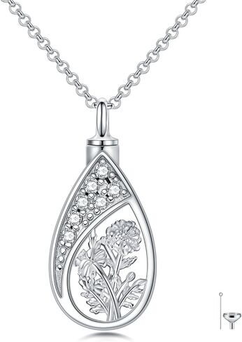 12 Birth Flower Urn Necklaces for Ashes 925 Sterling Silver Teardrop Urn Necklace Flower Cremation Jewelry with Funnel Filler Kit Ashes Necklace for Women Human in Saudi Arabia