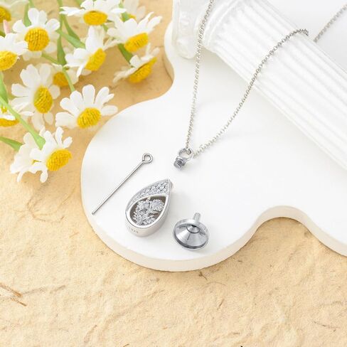 12 Birth Flower Urn Necklaces for Ashes 925 Sterling Silver Teardrop Urn Necklace Flower Cremation Jewelry with Funnel Filler Kit Ashes Necklace for Women Human in Saudi Arabia