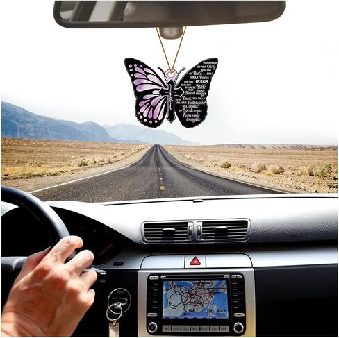 Butterfly Jesus Cross Hanging Ornament for Car, Christian Lover Religious Auto Rear View Mirror Accessories, Christmas Tree Charm, Flower Faith Vehicle Interior Pendant Decoration (Style A) in Saudi Arabia