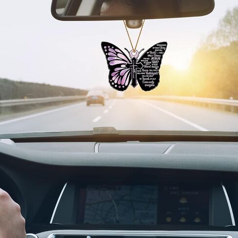Butterfly Jesus Cross Hanging Ornament for Car, Christian Lover Religious Auto Rear View Mirror Accessories, Christmas Tree Charm, Flower Faith Vehicle Interior Pendant Decoration (Style A) in Saudi Arabia