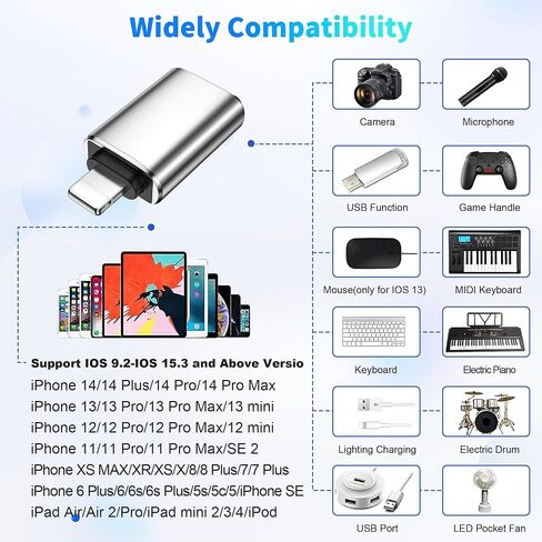HianDier Lightning to USB Adapter 2 Pack USB to iPhone Adapter OTG Data Sync for iPhone 14 13 12 11 Xr X XS 8 7 USB to Lightning Adapter Support Camera/Card Reader/USB Flash Drive/MIDI Keyboard/Mouse in Saudi Arabia