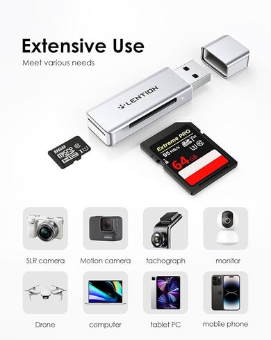 LENTION USB 3.0 Type A to SD/Micro SD Card Reader, SD 3.0 Card Adapter for SD/SDXC/SDHC, Micro SD/Micro SDXC/Micro SDHC Cards Compatible MacBook Pro/Air, Surface, More (CB-H7, Space Gray) in Saudi Arabia