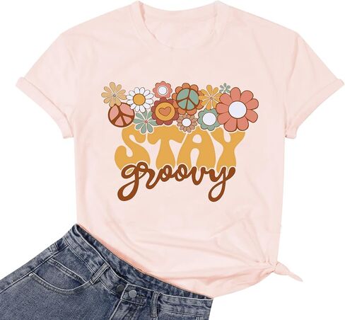 Retro Stay Groovy Shirt Womens Floral Hippie 70s Disco Outfits Casual Short Sleeve Tee Tops in Saudi Arabia
