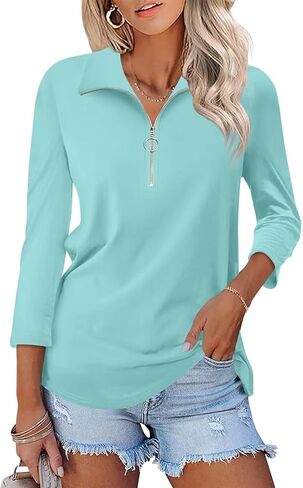 Women's 3/4 Sleeve Tops V Neck T Shirts Zipper Collared Polo Shirts in Saudi Arabia