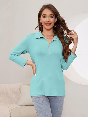 Women's 3/4 Sleeve Tops V Neck T Shirts Zipper Collared Polo Shirts in Saudi Arabia