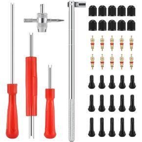 Valve Stem Remover & Installer Tool Kit - 15Pcs TR412/ TR413/ TR414 Tubeless Tire Valve Stems, 20Pcs Valve Caps/Cores, 1Pcs Valve Insertion Installer, 4Pcs Valve Core Remover (Pack of 40)