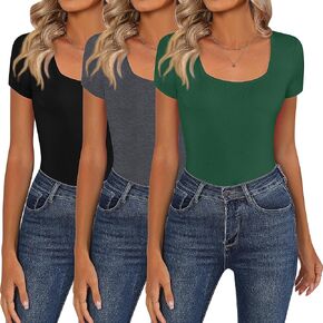 3 Pack Women Square Neck Tops, Short Sleeve T Shirts Slim Fit Casual Tunic Tops Solid Color Basic Summer Tee Shirts