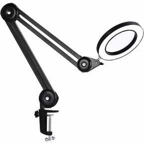 Magnifying Glass with Light and Clamp, Magnifying Lamp with 4.2'' 5X Real Glass Magnifier, 3-Color Dimmable LED Light, Premium Swing Arm Handsfree for Estheticians Crafts Hobbies Arts