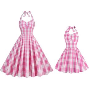 Mommy and Me Dresses Girls Pink and White Plaid Dress for Women Plaid Halter Dresses 50s Pinup 1950s Cocktail Dress