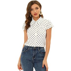 Allegra K Women's Short Sleeve Tops Vintage Polka Dots Button Up Shirt