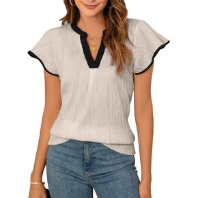 Blooming Jelly Womens Business Casual Blouses Short Ruffle Sleeve V Neck Dressy Tops Textured Ribbed Summer Trendy Work Shirt