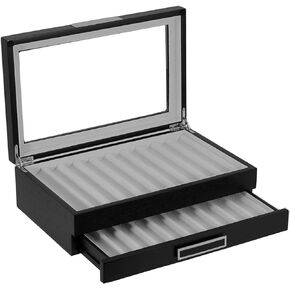 10 Piece Black Ebony Wood Pen Display Case Storage and Fountain Pen Collector Large Organizer Box with Glass Window Display Case