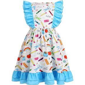 IMEKIS Toddler Kids Girls Back to School Dress Ruffle Sleeve Pencil Print Kindergarten First Day of School Outfit 3-8T