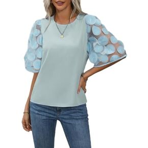 Women’S Half Polka Dot Sheer Mesh Sleeve Top Solid Loose Cute Summer Blouse Shirt Tops Dressy Casual