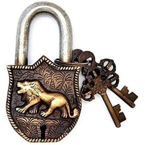 Brass Padlock Door Lock Tiger Engraved Design Fully Functional Brass Lock with 2 Keys (Antique)