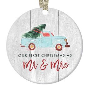Newlywed Christmas Ornament First Christmas Mr & Mrs Bridal Shower Wedding Gift Idea Rustic Holiday Tree Ceramic Country Farmhouse Keepsake 3" Flat Circle Porcelain with Red Ribbon & Free Box