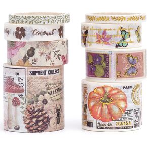 Songdao 8 Rolls Vintage Washi Tape Set Retro Arts Adhesive Tapes Gold Foil Decorative Masking Tape Sets for Craft, Kids, Scrapbook, DIY, Gift Wrapping (Deer & Mushroom)