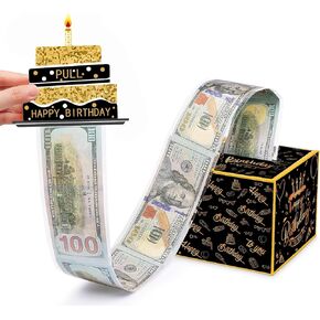 YUERVIEW Money Gift Boxes for Cash, Happy Birthday Money Box for Cash Gift Pull Roll Gift Box with 24Pcs Transparent Bags Cake Pull Out Kit Surprise Birthday Gift Box (Black gold)