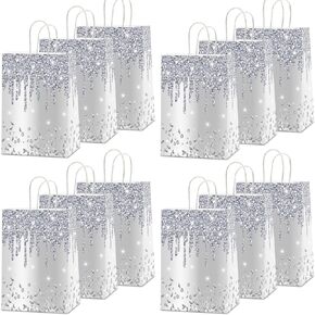 12Pcs Silver Glitter Gift Bags Glitter Diamond Goodie Bag Happy Birthday Treat Bag Diamond Silver Candy Bags Supply for Wedding Bridal Baby Shower Holiday Party Favors Decoration 4.7*3.15*8inch