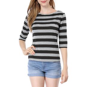 Allegra K Women's Elbow Sleeves Top Round Neck Slim Fit Tee Casual Printed T-Shirt